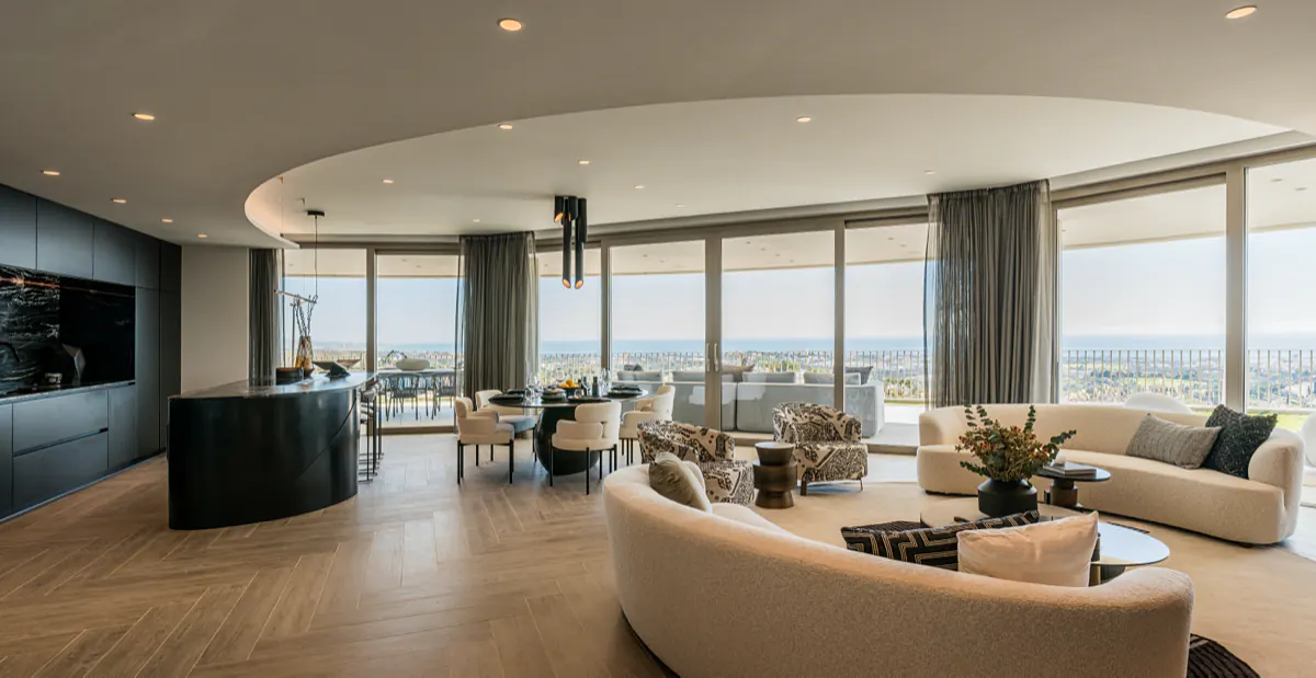 Open-plan living room with glazing all the way round